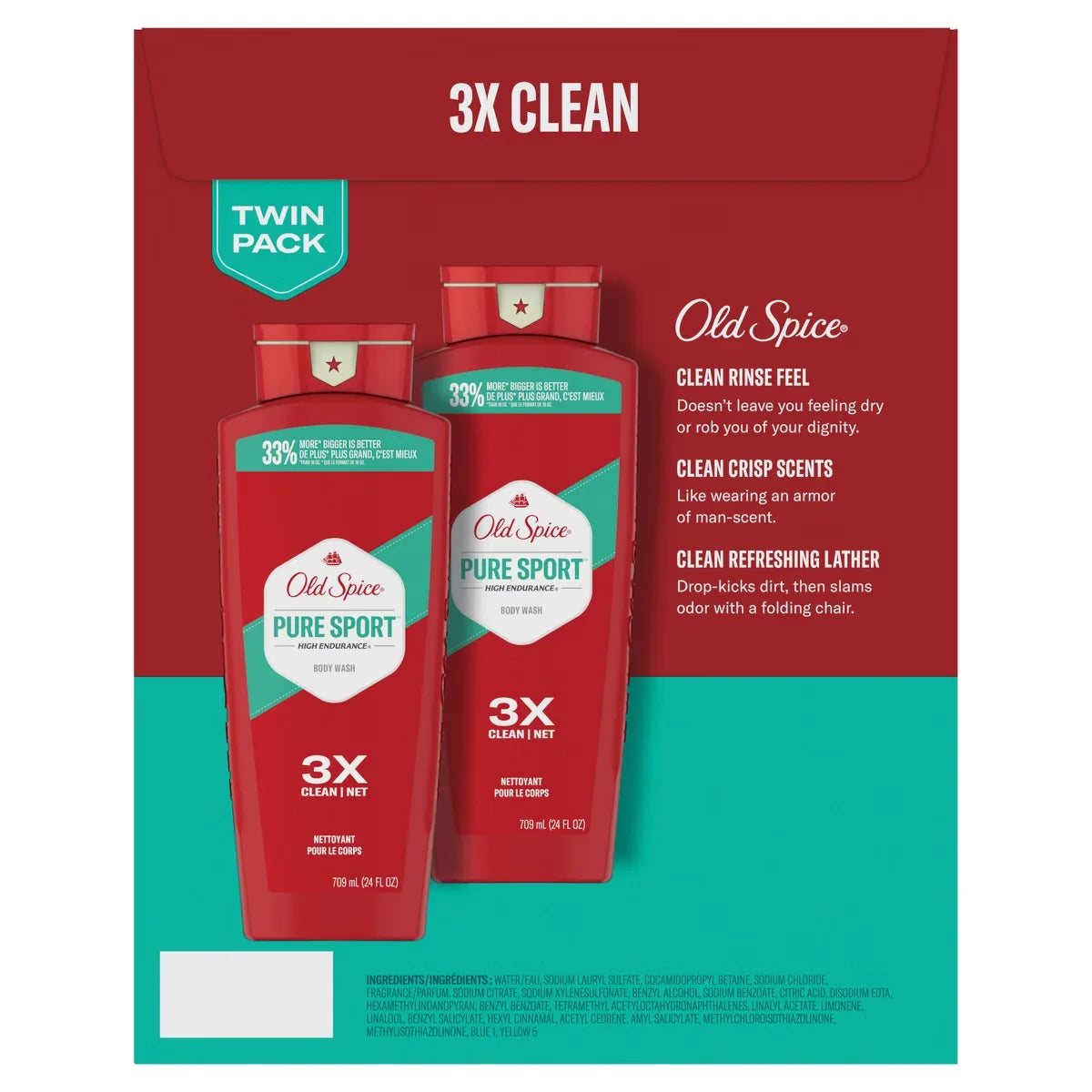 Old Spice High Endurance Pure Sport Body Wash - 24 fl oz/2pk: Liquid for Normal Skin, Whole Body Use, Squeeze Bottle