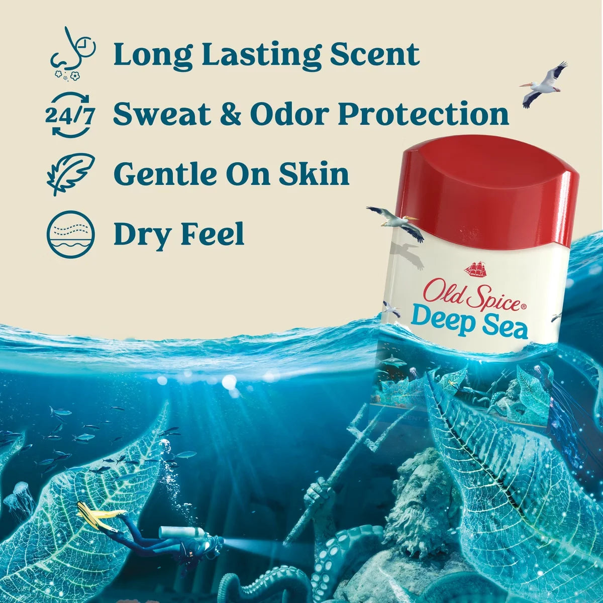 Old Spice Men's Deep Sea with Ocean Elements Antiperspirant & Deodorant - 2.6oz: Fresh Scent, Invisible Solid
