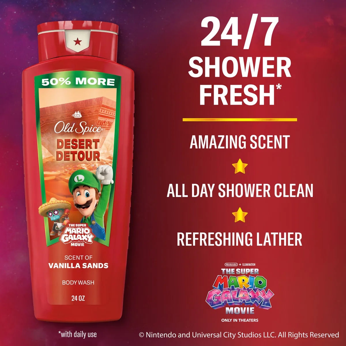 Old Spice x The Super Mario Galaxy Men's 24/7 Shower Fresh Desert Detour Body Wash - Scent of Vanilla Sands - 24 fl oz