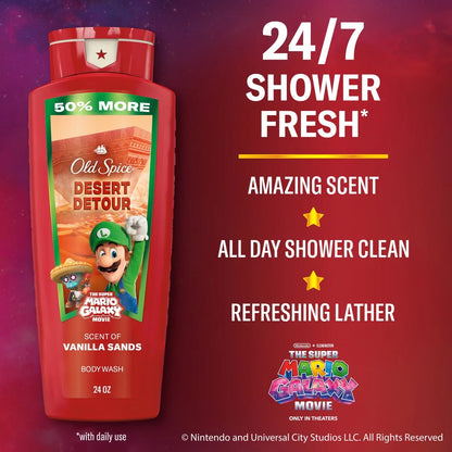 Old Spice x The Super Mario Galaxy Men's 24/7 Shower Fresh Desert Detour Body Wash - Scent of Vanilla Sands - 24 fl oz