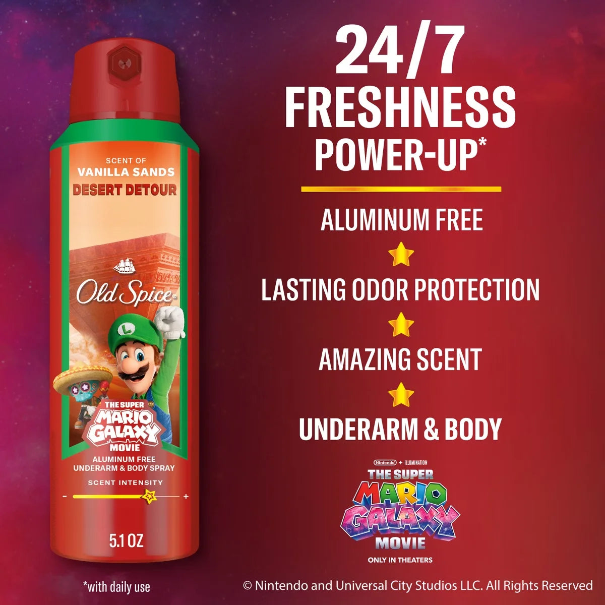 Old Spice x The Super Mario Galaxy 24/7 Odor Control Aluminum-Free Deodorant Body Spray - Desert Detour - 5.1 fl oz