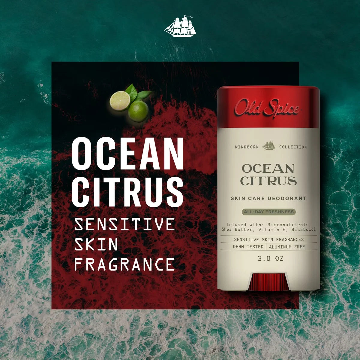 Old Spice Men's Aluminum-Free All Day Freshness Windborn Collection Deodorant - Ocean Citrus - 3oz: Invisible Solid, Normal Skin