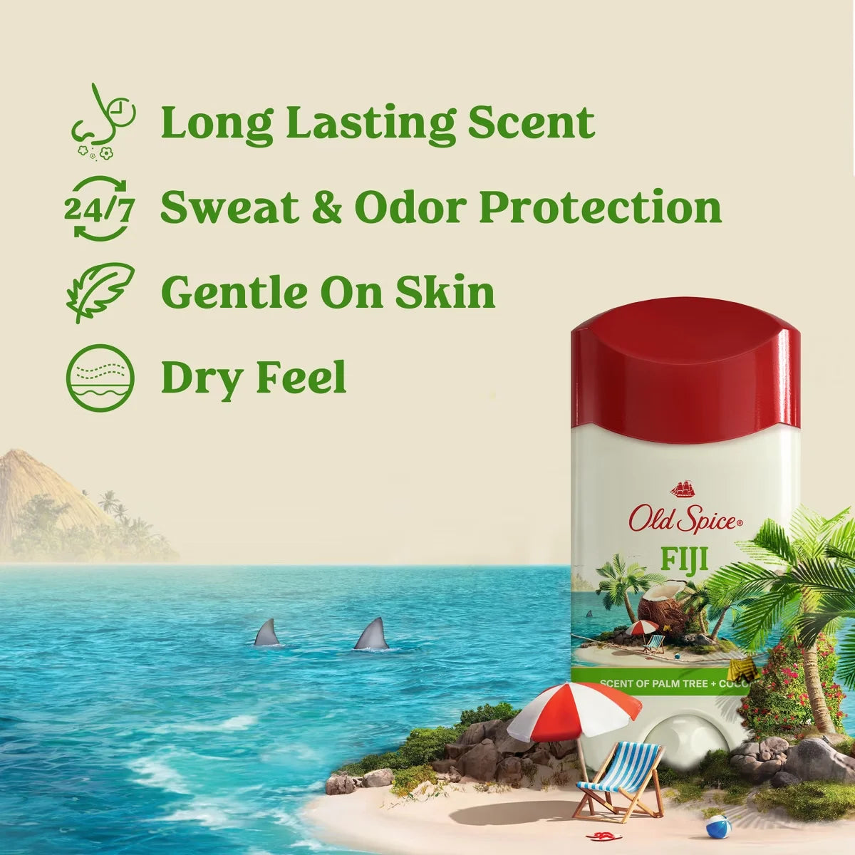 Old Spice Men's Fiji with Palm Tree Antiperspirant & Deodorant - 2.6oz: Paraben-Free, Invisible Solid, Under Arm