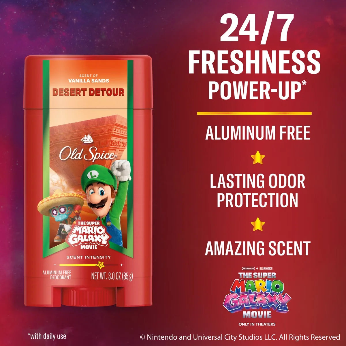 Old Spice x The Super Mario Galaxy Men’s 24/7 Lasting Freshness Desert Detour Aluminum-Free Deodorant - Scent of Vanilla Sands - 3oz
