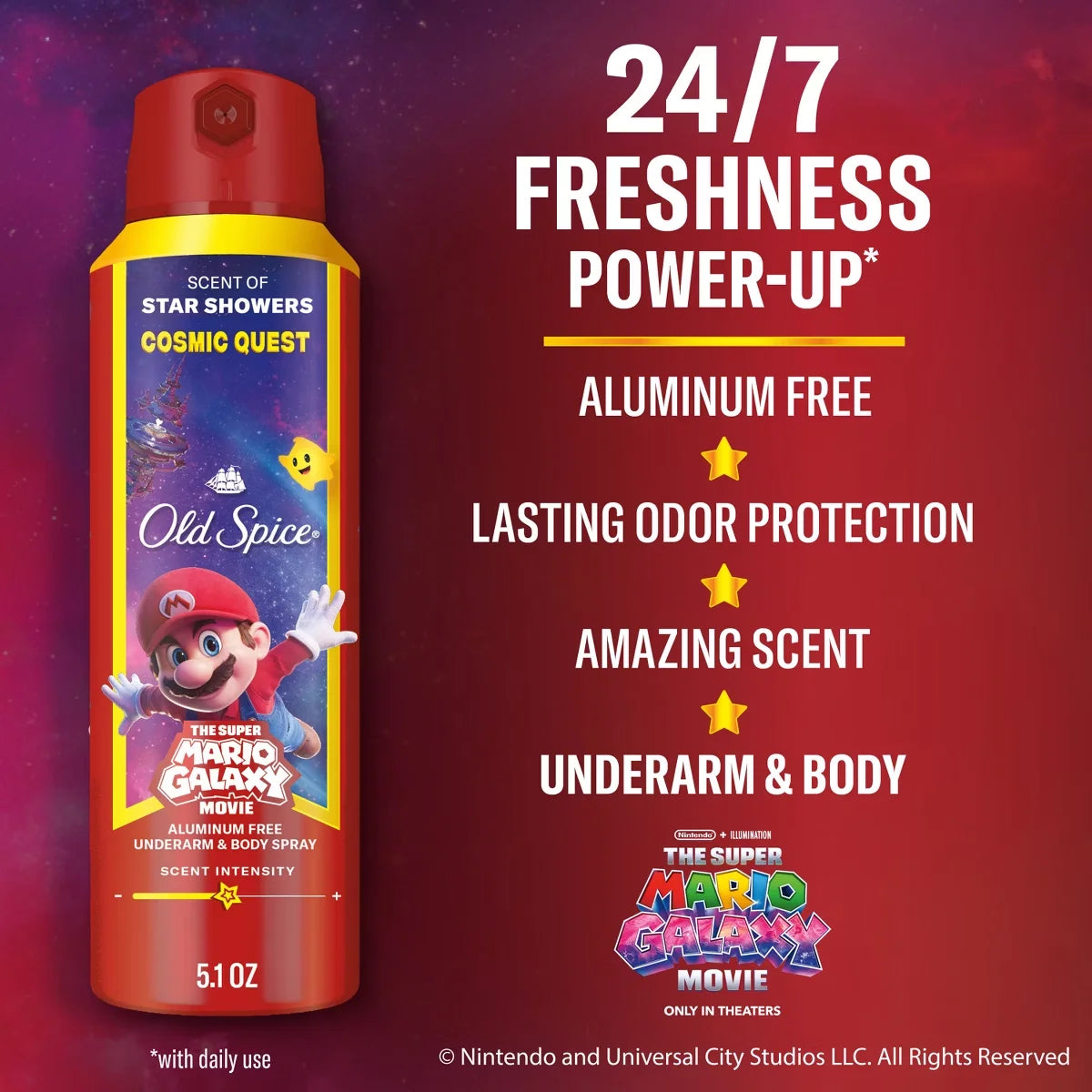 Old Spice x The Super Mario Galaxy Cosmic Quest 24/7 Odor Control Aluminum-Free Deodorant Body Spray - Scent of Star Showers - 5.1 fl oz