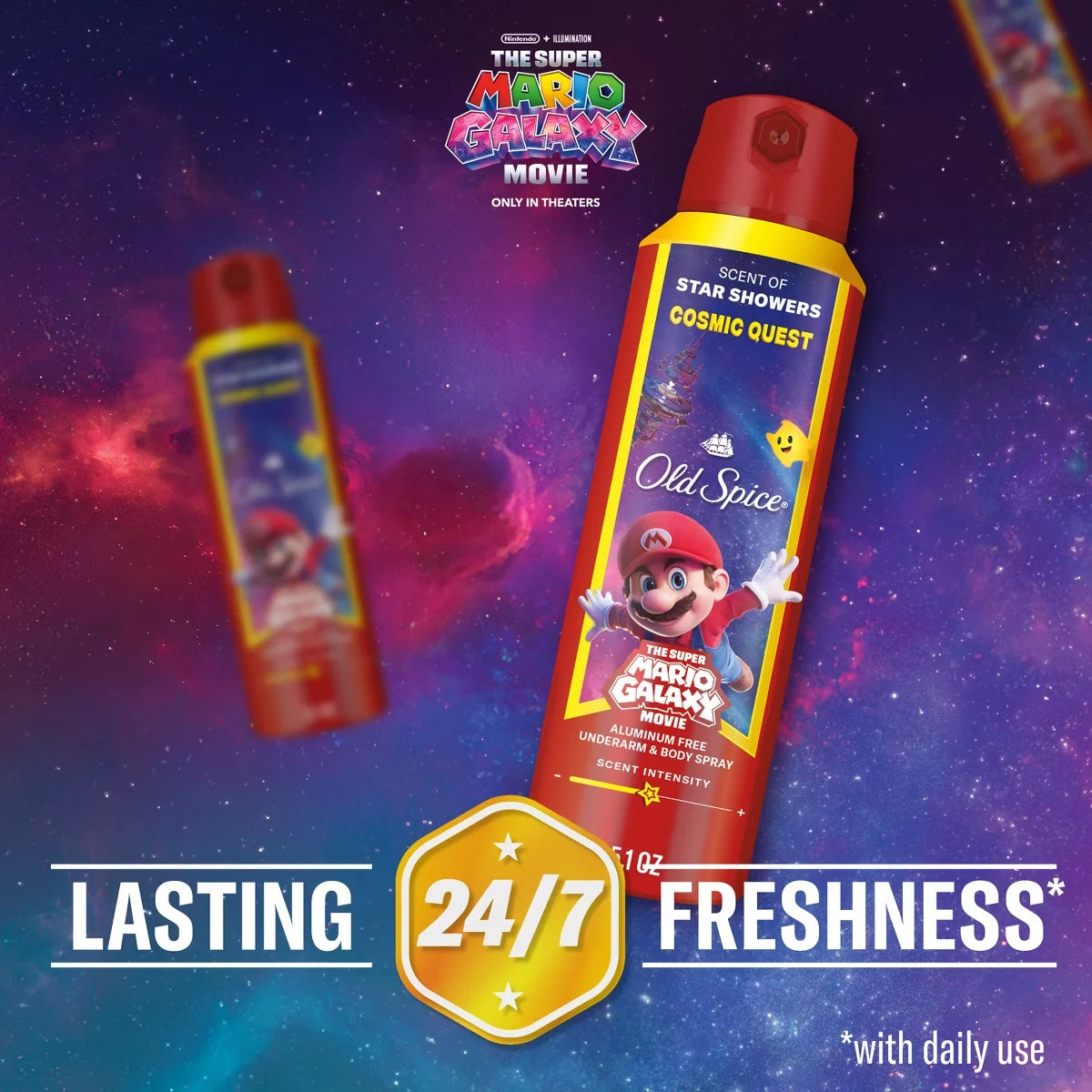 Old Spice x The Super Mario Galaxy Cosmic Quest 24/7 Odor Control Aluminum-Free Deodorant Body Spray - Scent of Star Showers - 5.1 fl oz