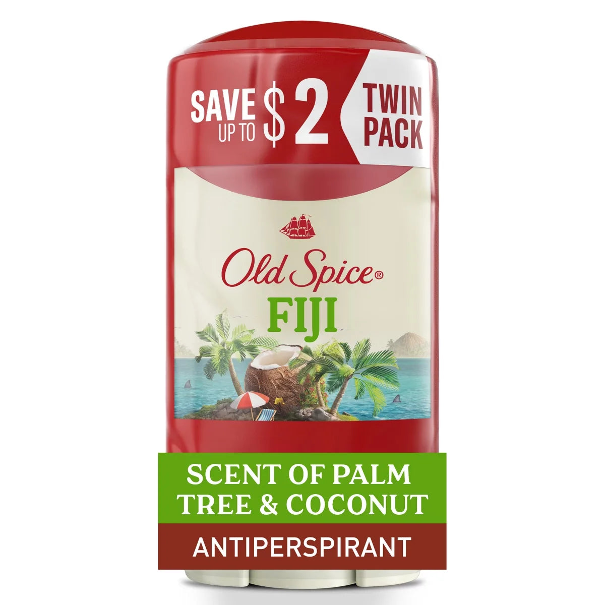 Old Spice Men's Fiji with Palm Tree Antiperspirant & Deodorant - 2.6oz/2pk: Paraben-Free, Invisible Solid, Under Arm Use